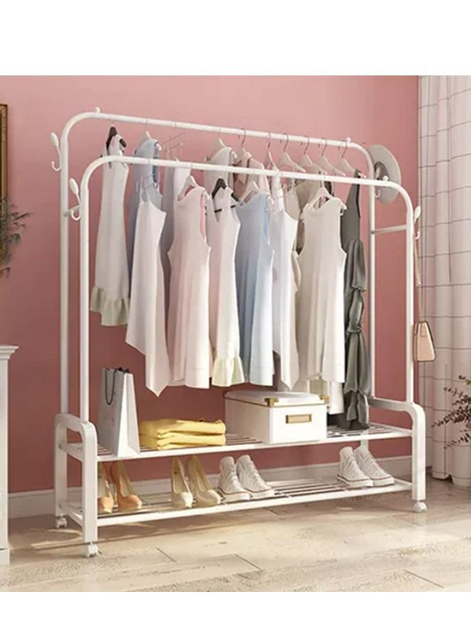 Clothes Storage Drying Rack Foldable Double Pole, With Hooks and Shoe Rack