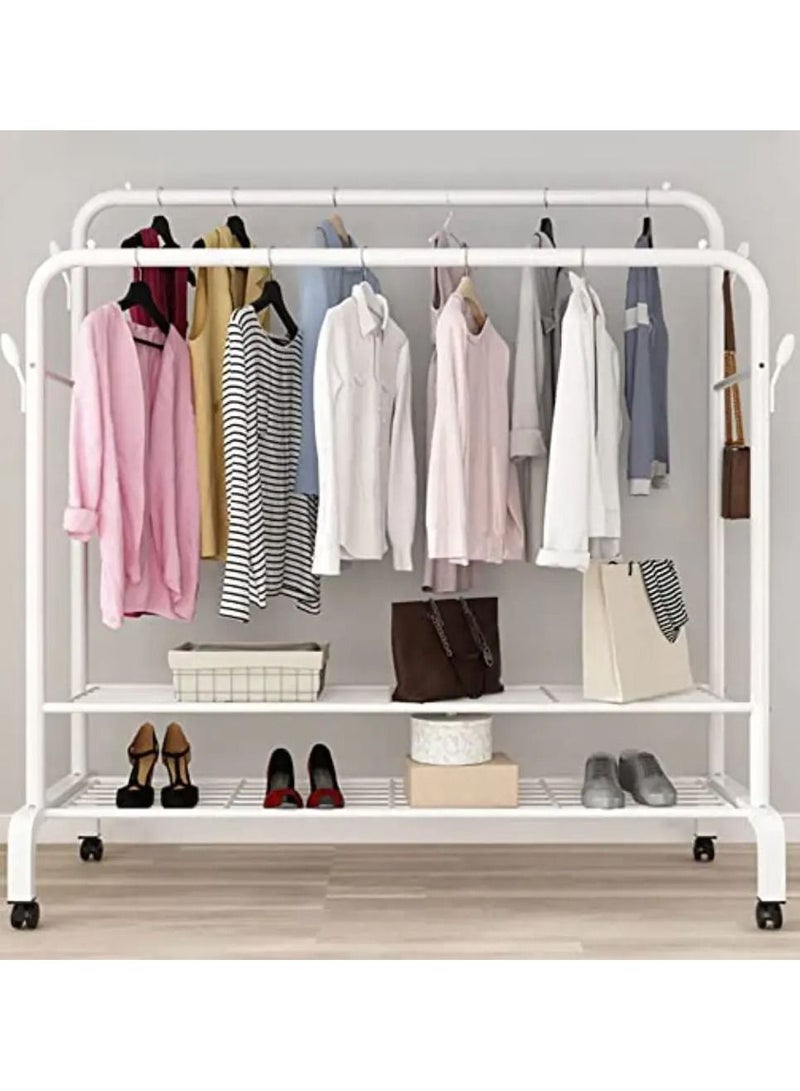 Clothes Storage Drying Rack Foldable Double Pole, With Hooks and Shoe Rack