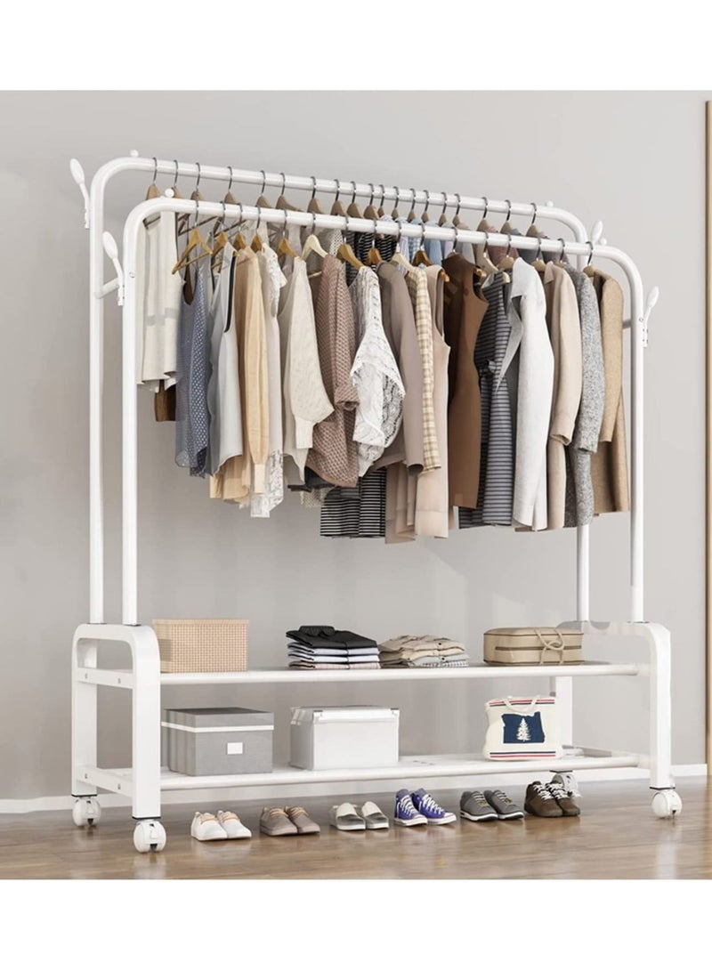 Sturdy Garment Rack Heavy Duty Double Pole Clothes Rail with Shoe Rack Shelf Coat Display Stand with 4 Wheels for Bedroom Office Entryway