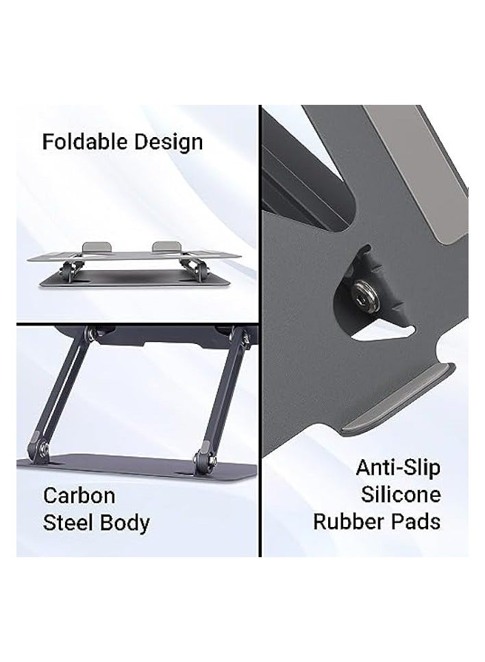 Portable Laptop & Tablet Stand Supports Upto 17” with Max. 5KG Support, Anti-Slip Silicone Pads, Foldable Design, Multi Angle Adjustment, Carbon Steel Body