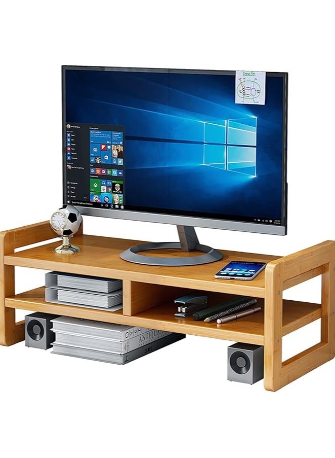 Monitor Stand Riser 2 Tier Computer Monitor Stand Bamboo Desktop Stand with Storage Organizer PC Laptop TV Printer Monitor Stand Adjustable Height for Office and Home Use 51x17x15cm