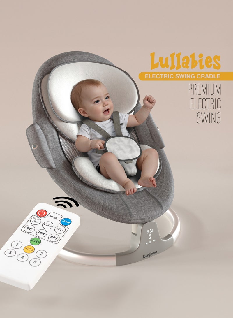 Baybee Lullabies Automatic Electric Baby Swing Cradle for Baby with Adjustable Swing Speed, Recline, Bluetooth & Music | Baby Rocker with Mosquito Net, Safety Belt & Toys | Swing for Baby Grey