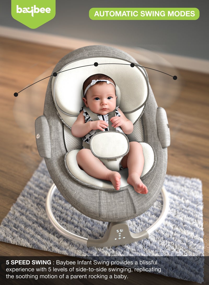 Baybee Lullabies Automatic Electric Baby Swing Cradle for Baby with Adjustable Swing Speed, Recline, Bluetooth & Music | Baby Rocker with Mosquito Net, Safety Belt & Toys | Swing for Baby Grey