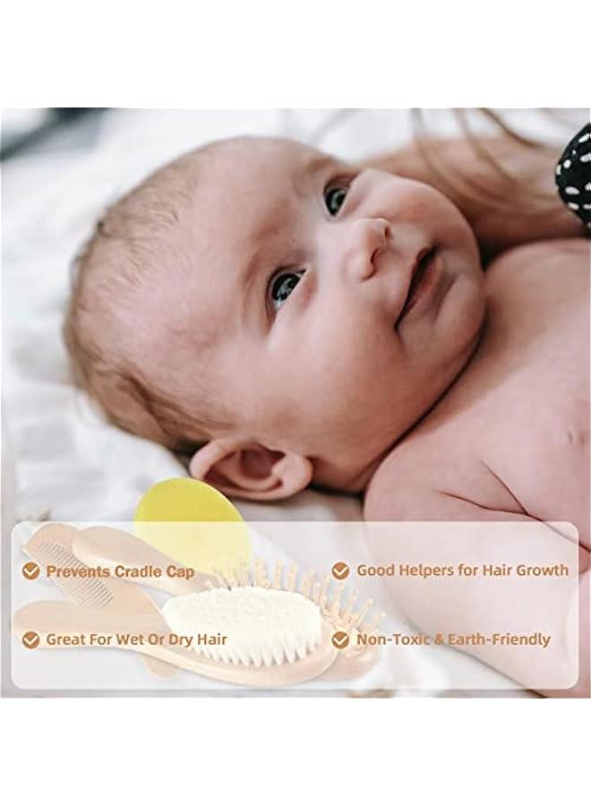 Baby Hair Brush and Comb Set (4-Piece) for Newborn - Wooden Baby Hairbrush Set，A Beechwood Brush, Baby Airbag Brush, Beech Handle Brush, and Prevent Cradle Cap Silicone Brush - Ideal Registry Gift