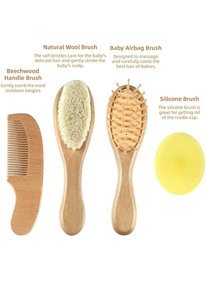 Baby Hair Brush and Comb Set (4-Piece) for Newborn - Wooden Baby Hairbrush Set，A Beechwood Brush, Baby Airbag Brush, Beech Handle Brush, and Prevent Cradle Cap Silicone Brush - Ideal Registry Gift