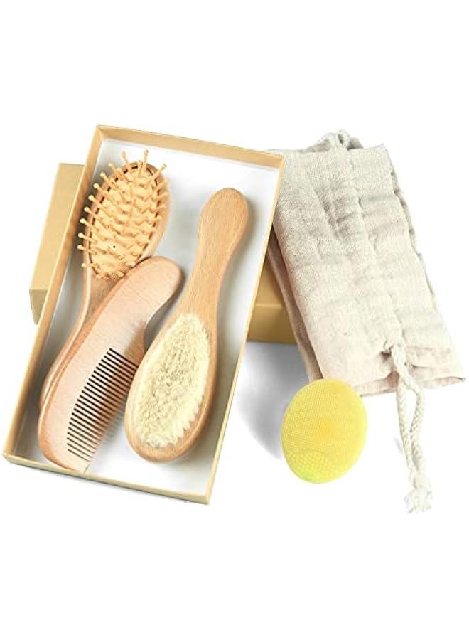 Baby Hair Brush and Comb Set (4-Piece) for Newborn - Wooden Baby Hairbrush Set，A Beechwood Brush, Baby Airbag Brush, Beech Handle Brush, and Prevent Cradle Cap Silicone Brush - Ideal Registry Gift