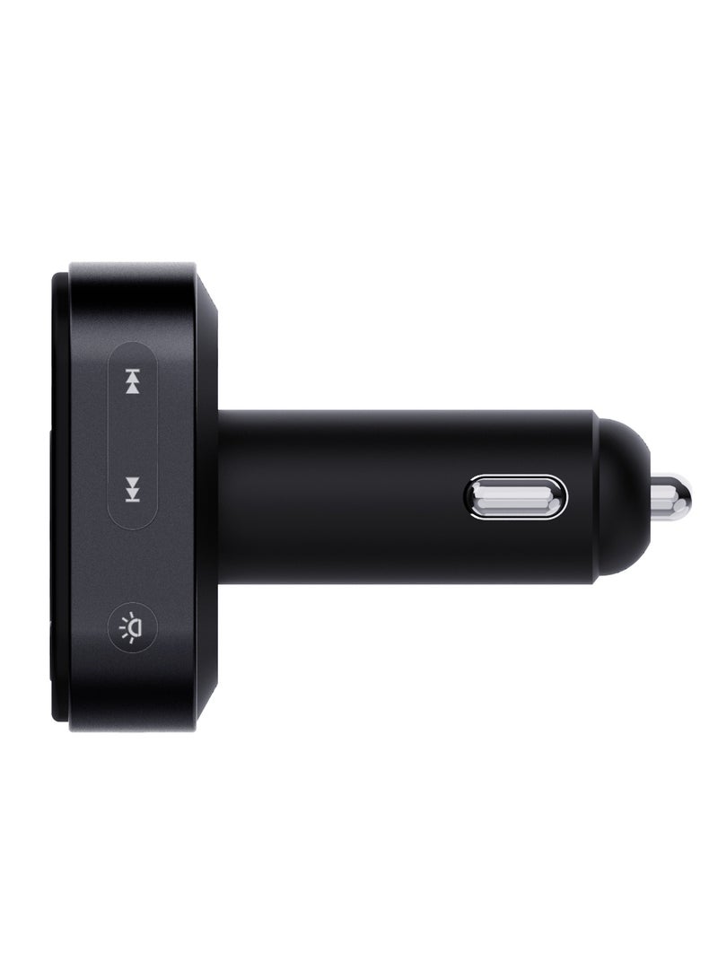 Dual Microphone FM Transmitter & Charger with Voice Command and Hands-Free Calls / Mood Lighting / Music Playing and Phone Charging - Black