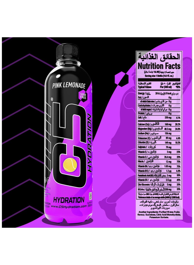 C5 HYDRATION Pink Lemonade Electrolytes & Vitamin Water- Zero Sugar, 20 Calorie BCAA for Recovery -VIT B ENERGY, VIT C & E ANTIOXIDANT, VIT D3 for IMMUNITY - Refreshing Ramadan Drink Pack of 12