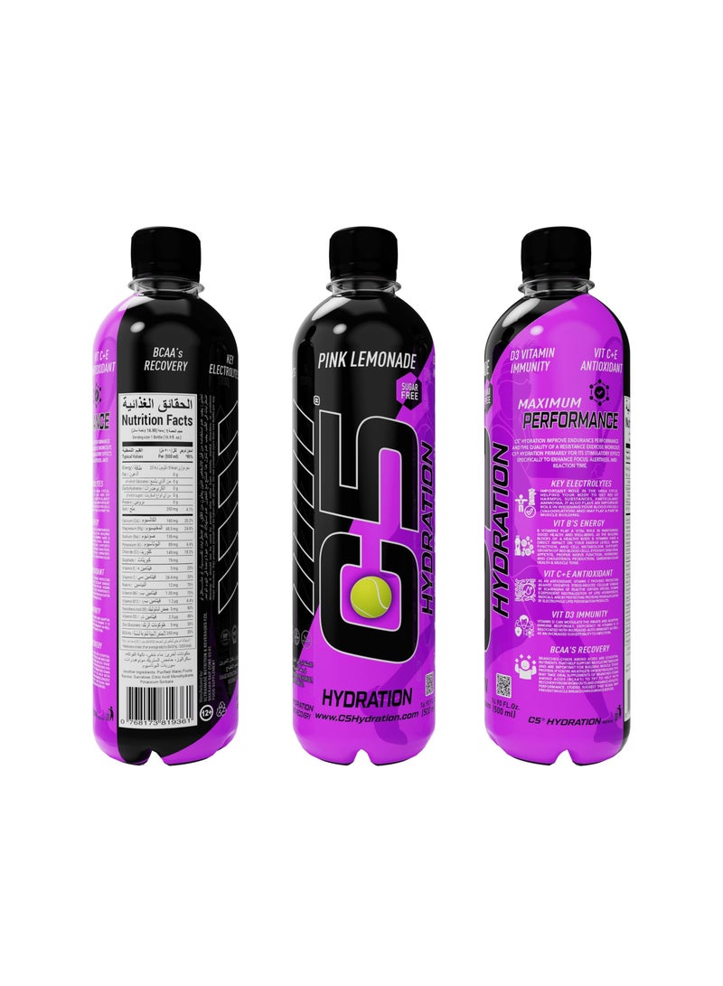 C5 HYDRATION Pink Lemonade Electrolytes & Vitamin Water- Zero Sugar, 20 Calorie BCAA for Recovery -VIT B ENERGY, VIT C & E ANTIOXIDANT, VIT D3 for IMMUNITY - Refreshing Ramadan Drink Pack of 12
