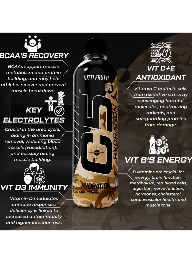 C5 HYDRATION Tutti Frutti Electrolytes & Vitamin Water- Zero Sugar, 20 Calorie BCAA for Recovery -VIT B ENERGY, VIT C & E ANTIOXIDANT, VIT D3 for IMMUNITY - Refreshing Ramadan Drink Pack of 12