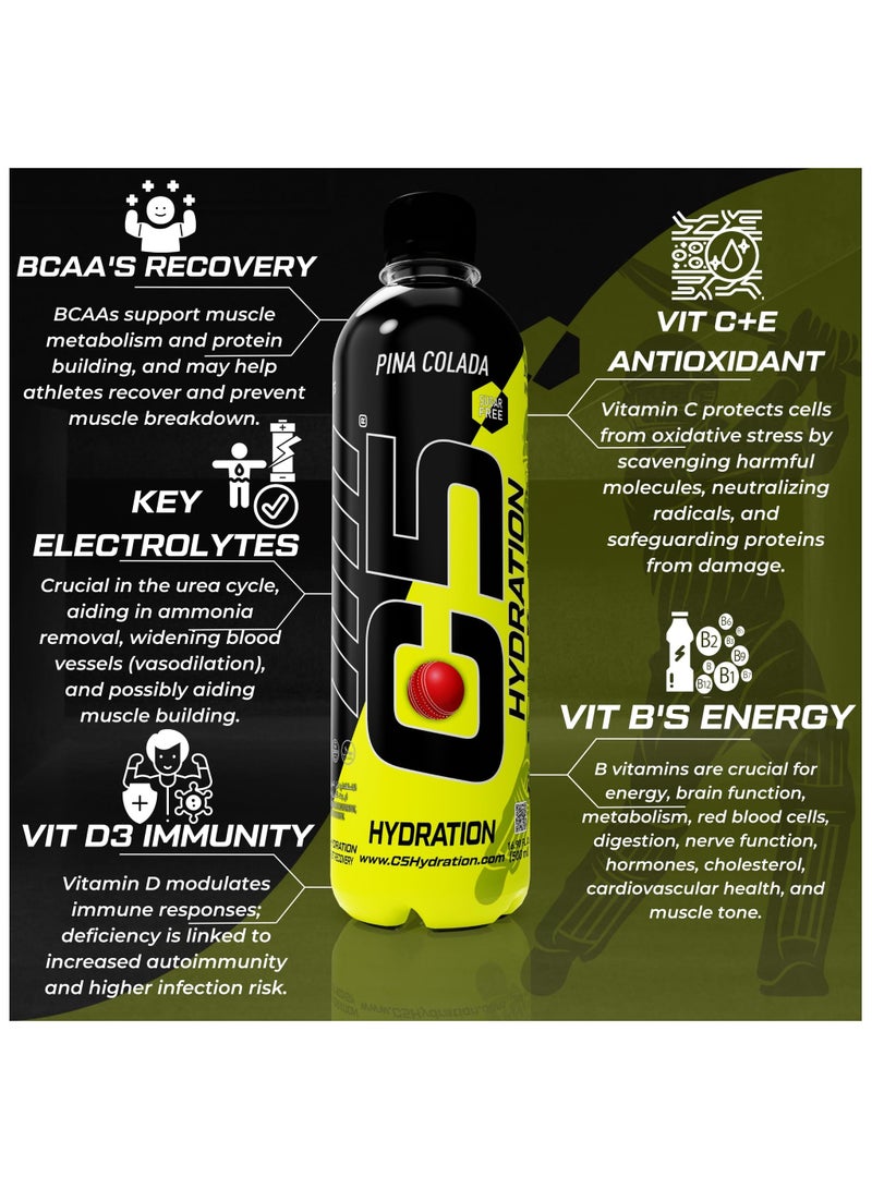 C5 HYDRATION Pina Colada Electrolytes & Vitamin Water- Zero Sugar, 20 Calorie BCAA for Recovery -VIT B ENERGY, VIT C & E ANTIOXIDANT, VIT D3 for IMMUNITY - Refreshing Ramadan Drink Pack of 12