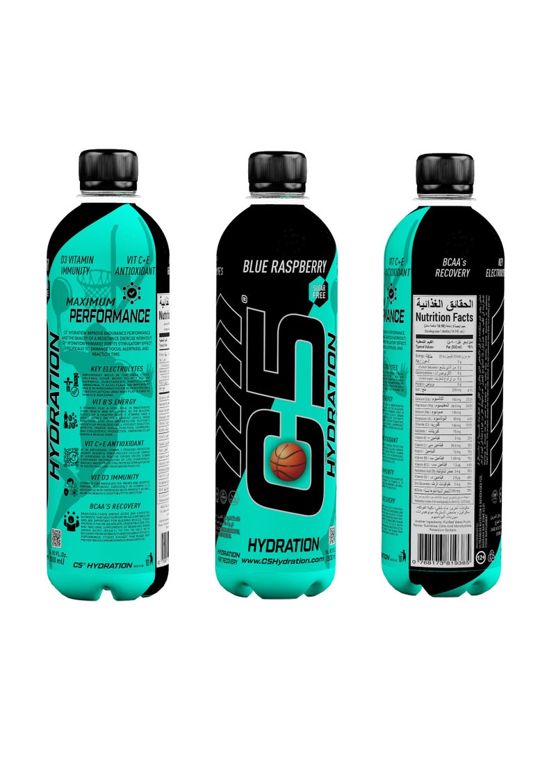 C5 HYDRATION Blue Raspberry Electrolytes & Vitamin Water- Zero Sugar, 20 Calorie BCAA for Recovery -VIT B ENERGY, VIT C & E ANTIOXIDANT, VIT D3 for IMMUNITY - Refreshing Ramadan Drink Pack of 12