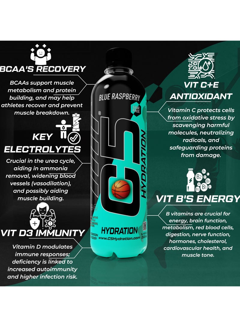 C5 HYDRATION Blue Raspberry Electrolytes & Vitamin Water- Zero Sugar, 20 Calorie BCAA for Recovery -VIT B ENERGY, VIT C & E ANTIOXIDANT, VIT D3 for IMMUNITY - Refreshing Ramadan Drink Pack of 12