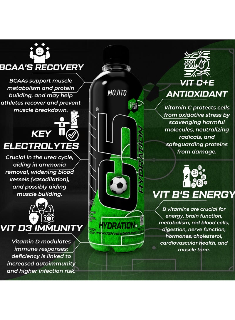 C5 HYDRATION Mojito Electrolytes & Vitamin Water- Zero Sugar, 20 Calorie BCAA for Recovery -VIT B ENERGY, VIT C & E ANTIOXIDANT, VIT D3 for IMMUNITY - Refreshing Ramadan Drink Pack of 12