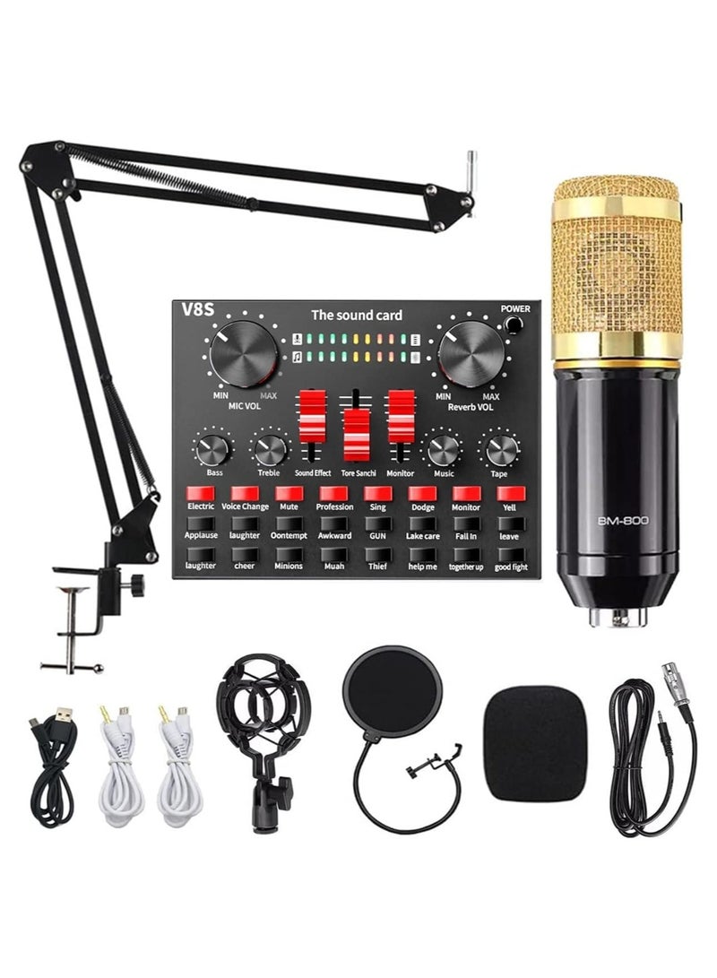 V8S Sound Card Upgraded BM-800A Condenser Microphone Set for Live Streaming Karaoke And Voice Recording Recording Sound Card, Voice Changer Device With Multiple Funny Sound Effect USB Audio Interface