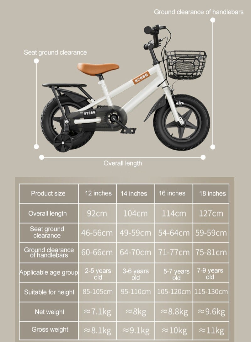 12 Inch Kids Bike High Carbon Steel Kids' Bike Children's Bicycle For 2-5 Years Old Girls And Boys With Training Wheels Wear-Resistant Tires Adjustable Seat With Basket Safe and Stable Responsive Dual Brakes