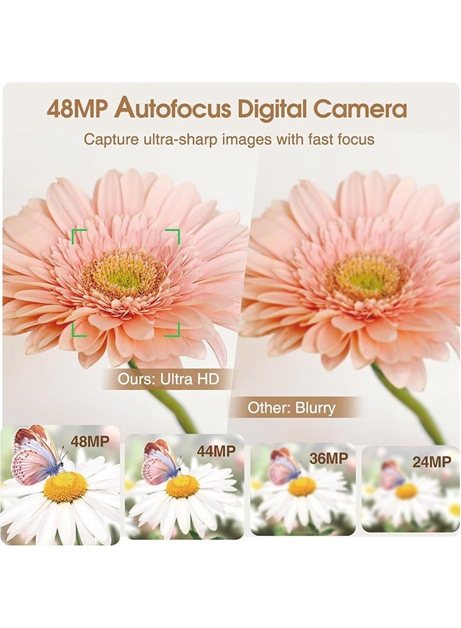 4K Digital Camera for Photography Autofocus, 48MP Vlogging Camera for YouTube with Viewfinder Dial Flash,16X Digital Zoom Portable Compact Travel Camera Anti-Shake for Teens,Adults,Beginners