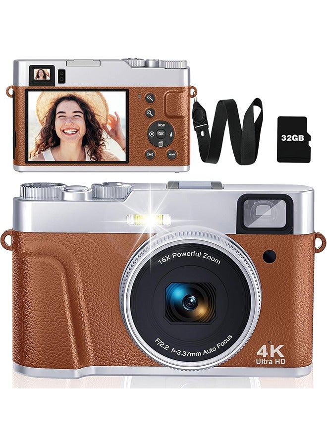 4K Digital Camera for Photography Autofocus, 48MP Vlogging Camera for YouTube with Viewfinder Dial Flash,16X Digital Zoom Portable Compact Travel Camera Anti-Shake for Teens,Adults,Beginners