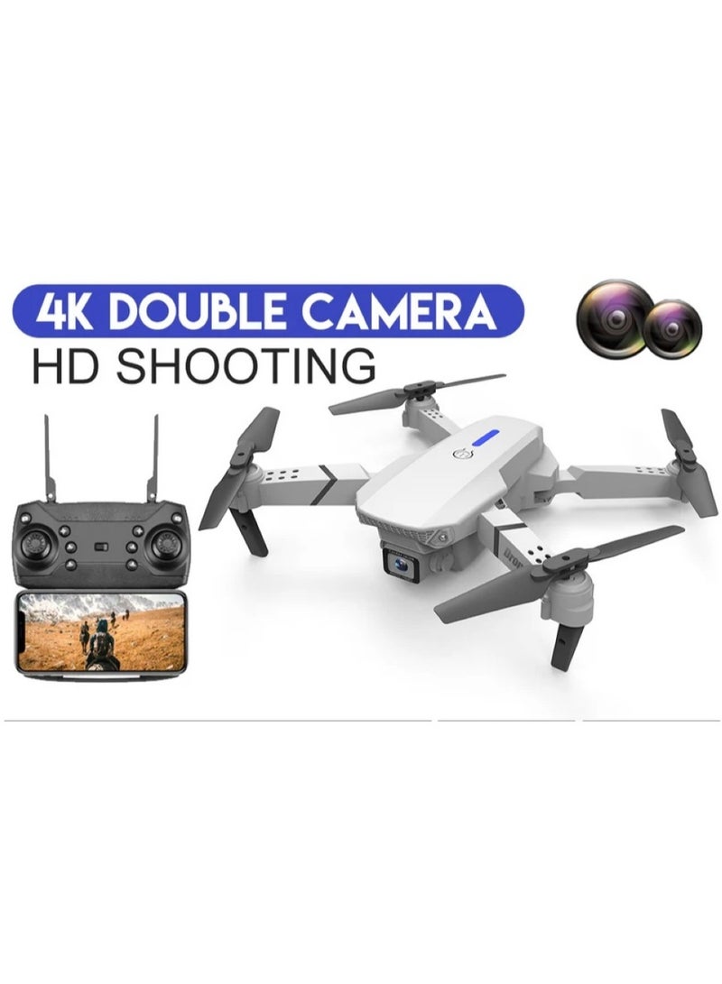 E88 New Drone Includes 2 Batteries with Four-Sided Obstacle Avoidance 4K HD Aerial Photography Folding Aircraft Four-axis Remote Control Aircraft (E88-Gray-Dual Camera + Fixed Altitude Aerial Photography)