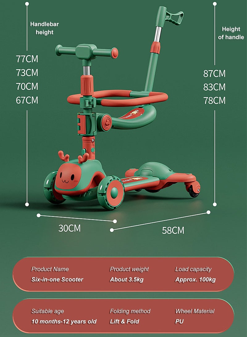 Kids Scooter 6-in-1 Children's Scooter with Adjustable Seat, Baby Scooter for 1-3-6 Years Boys Girls，with Lights Foldable Kids Toys