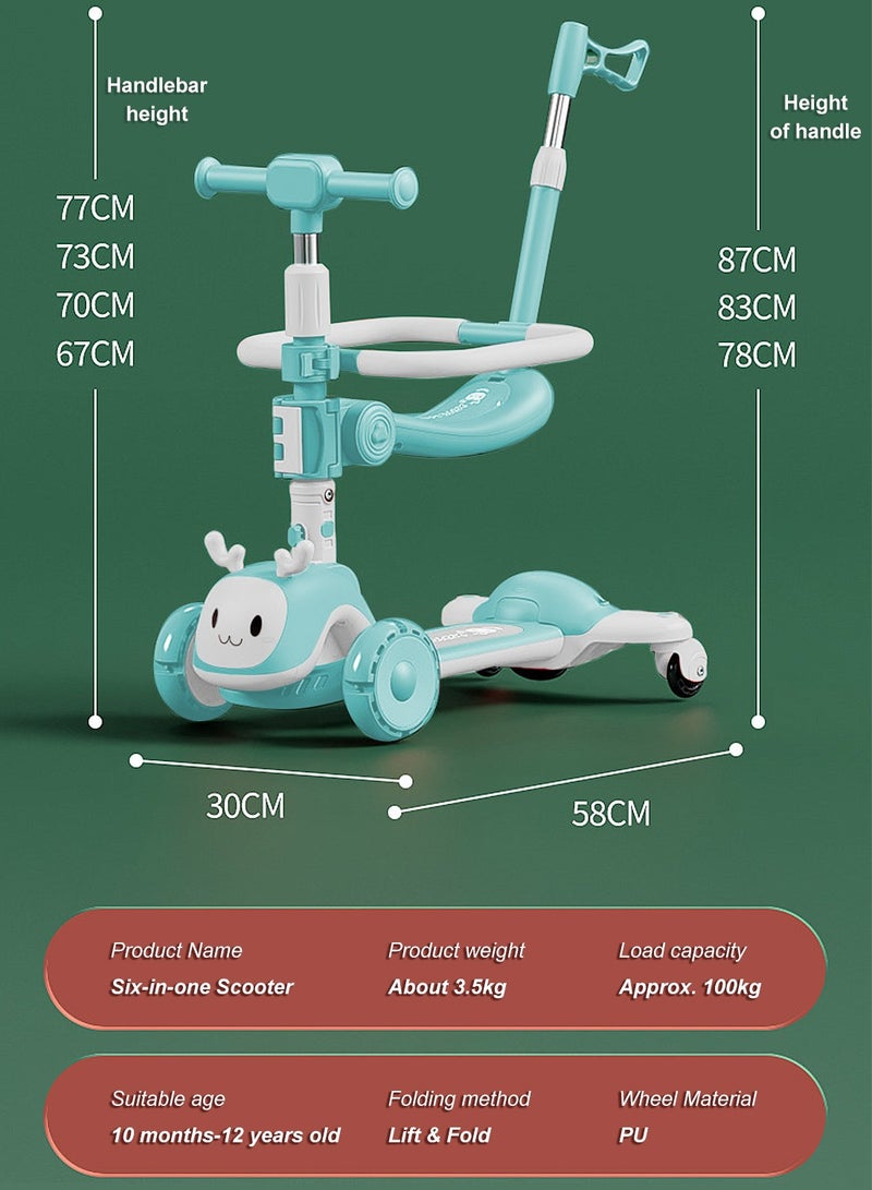 Kids Scooter 6-in-1 Children's Scooter with Adjustable Seat, Baby Scooter for 1-3-6 Years Boys Girls，with Lights Foldable Kids Toys