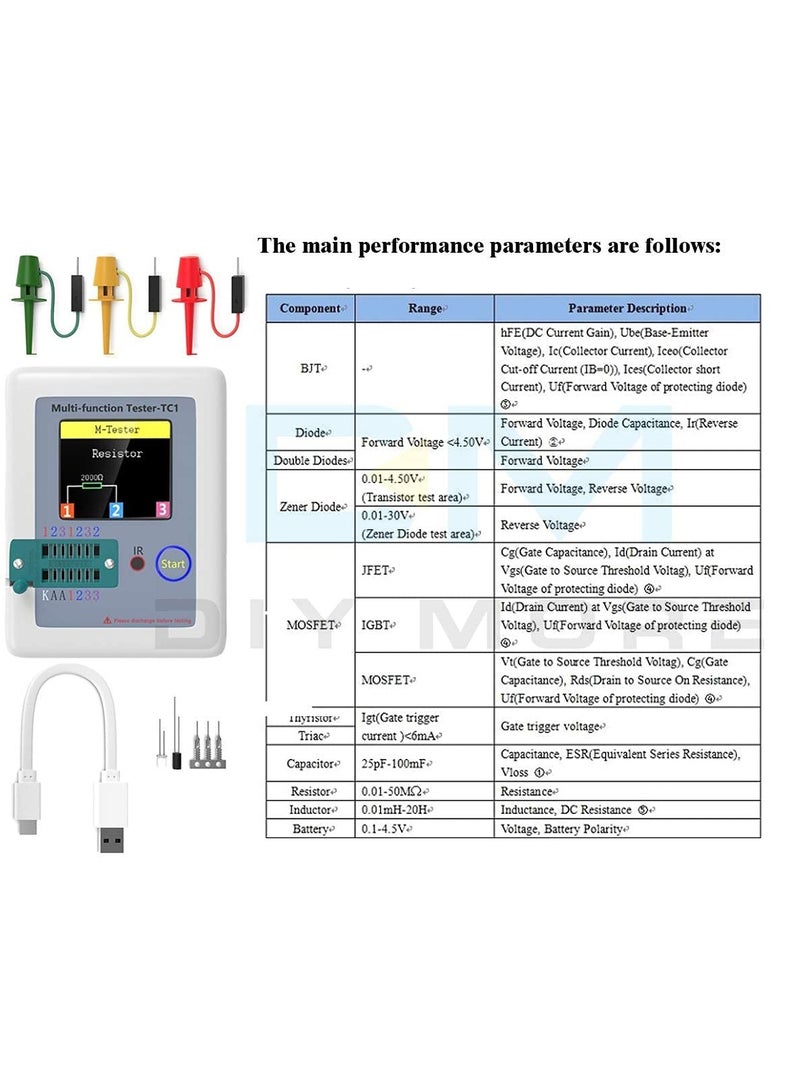 LCR TC1 Multi-Function Transistor Meter with Full Color Display for Testing Diodes Capacitors Resistors and MOSFETs