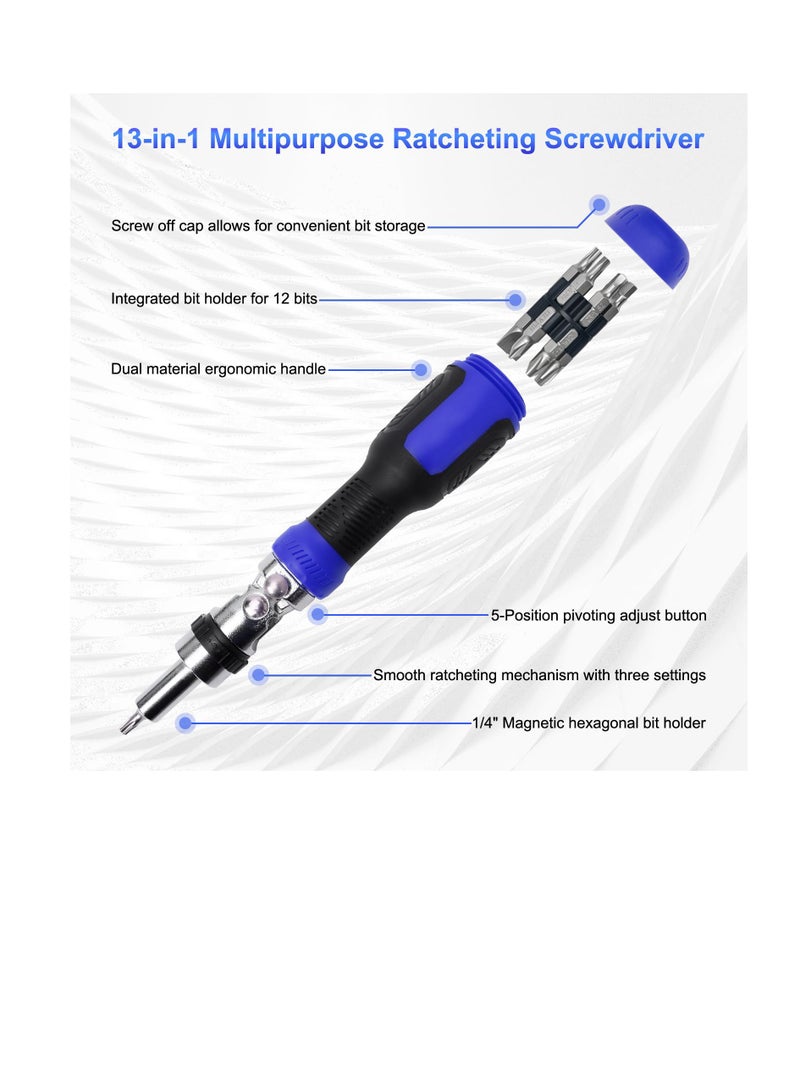 Ratchet Screwdriver, 13-in-1 Screwdriver Set, Multi Screwdriver Tool, All in One Ratcheting Screwdriver Set, 180 Degree Ratcheting Multitool Screwdriver, Professional Angle Screwdriver Repair Tool