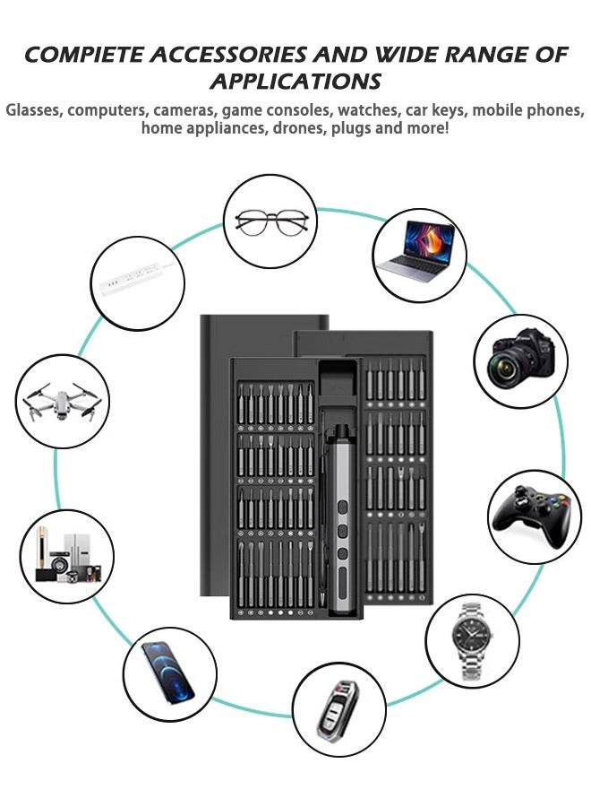 Electric Precision Screwdriver set 2 Speed Adjustable Torque  64 Screwdriving Bit - Magnetic Container  170rpm Powerful Motor Speed  350mAh Battery  for Laptops, Mobiles and so on, S2 Steel , Gray
