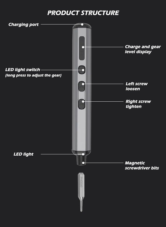 Electric Precision Screwdriver set 2 Speed Adjustable Torque  64 Screwdriving Bit - Magnetic Container  170rpm Powerful Motor Speed  350mAh Battery  for Laptops, Mobiles and so on, S2 Steel , Gray