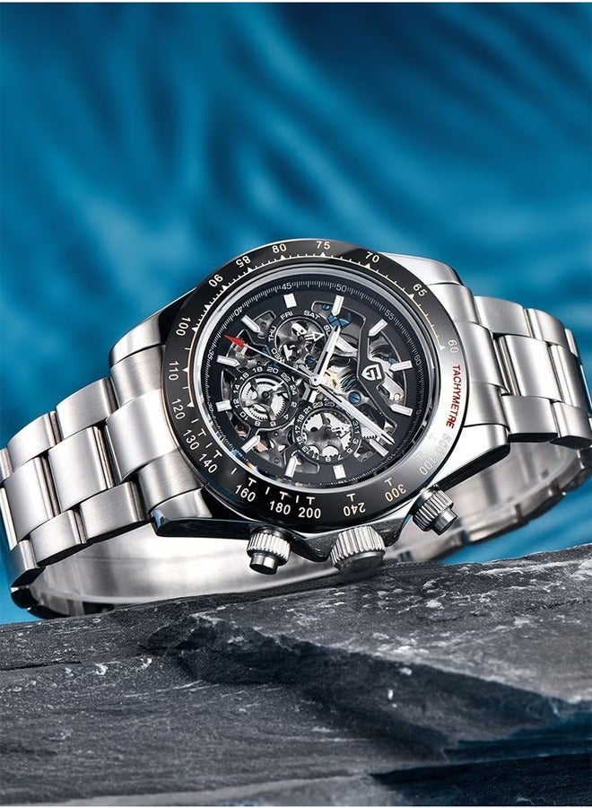 Men's Automatic Watches Stainless Steel Mechanical Frame, Black Bezel, Stainless Steel Strap Fashion Business Watches PD1777