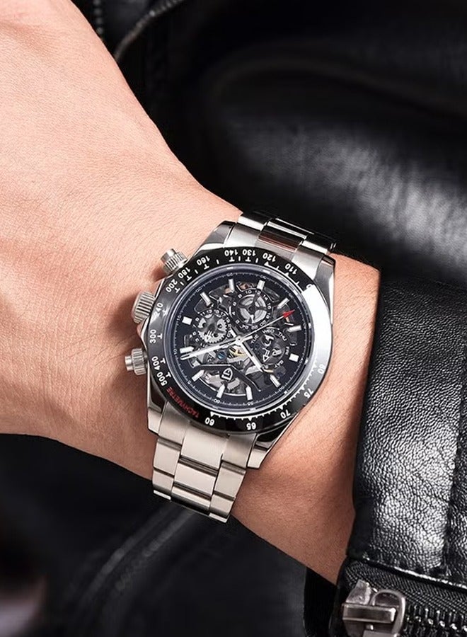 Men's Automatic Watches Stainless Steel Mechanical Frame, Black Bezel, Stainless Steel Strap Fashion Business Watches PD1777