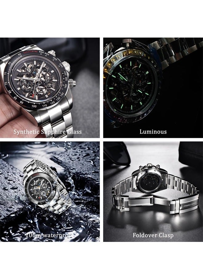 Men's Automatic Watches Stainless Steel Mechanical Frame, Black Bezel, Stainless Steel Strap Fashion Business Watches PD1777