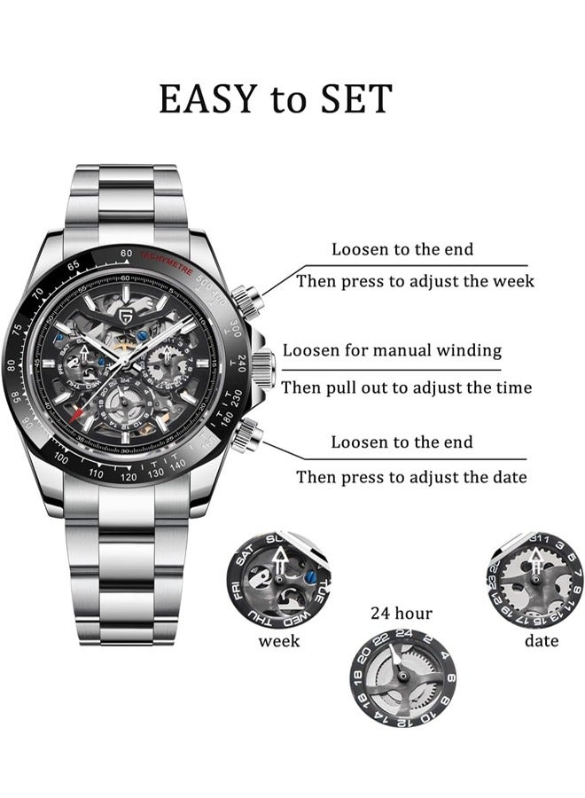 Men's Automatic Watches Stainless Steel Mechanical Frame, Black Bezel, Stainless Steel Strap Fashion Business Watches PD1777