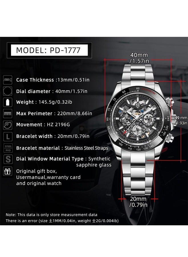Men's Automatic Watches Stainless Steel Mechanical Frame, Black Bezel, Stainless Steel Strap Fashion Business Watches PD1777