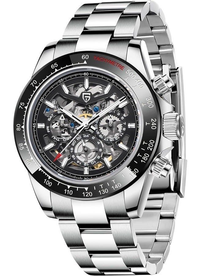 Men's Automatic Watches Stainless Steel Mechanical Frame, Black Bezel, Stainless Steel Strap Fashion Business Watches PD1777