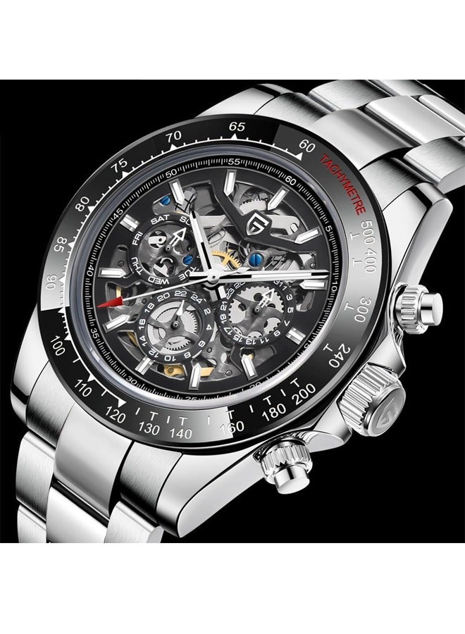 Men's Automatic Watches Stainless Steel Mechanical Frame, Black Bezel, Stainless Steel Strap Fashion Business Watches PD1777