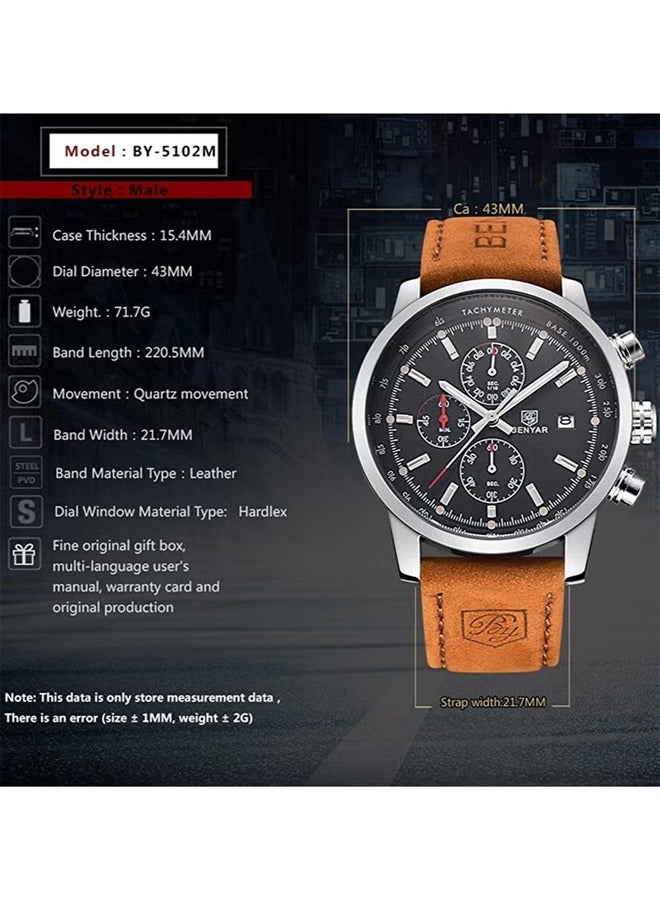 Men's Fashion Watches Sports Chronograph Silver Black Dial Brown Leather Strap Fashionable And Elegant BY5102