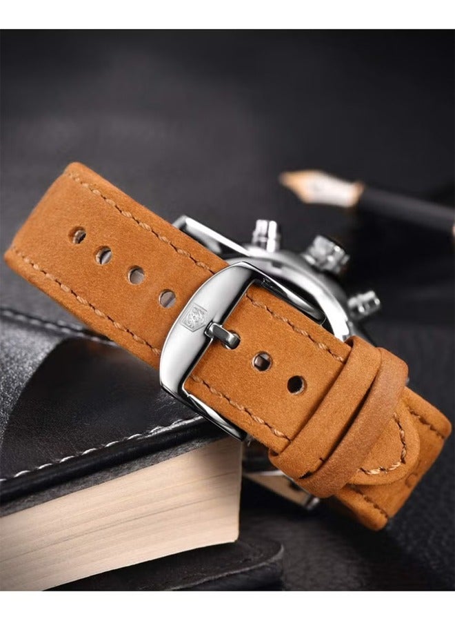 Men's Fashion Watches Sports Chronograph Silver Black Dial Brown Leather Strap Fashionable And Elegant BY5102