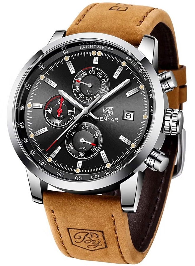 Men's Fashion Watches Sports Chronograph Silver Black Dial Brown Leather Strap Fashionable And Elegant BY5102