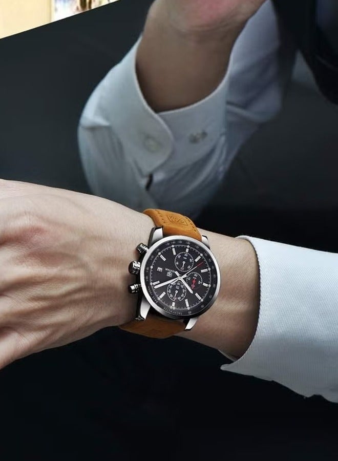 Men's Fashion Watches Sports Chronograph Silver Black Dial Brown Leather Strap Fashionable And Elegant BY5102