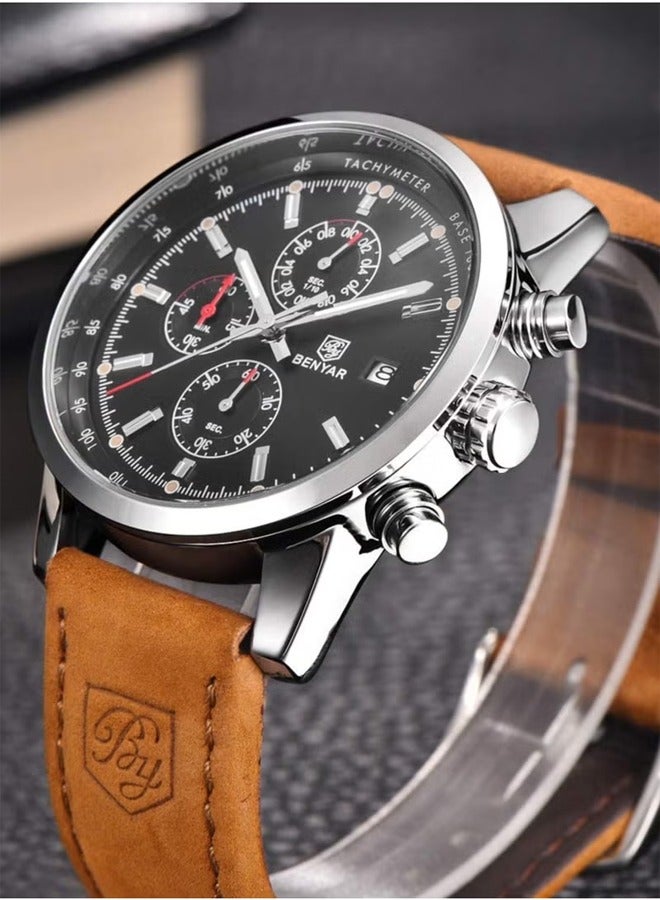 Men's Fashion Watches Sports Chronograph Silver Black Dial Brown Leather Strap Fashionable And Elegant BY5102