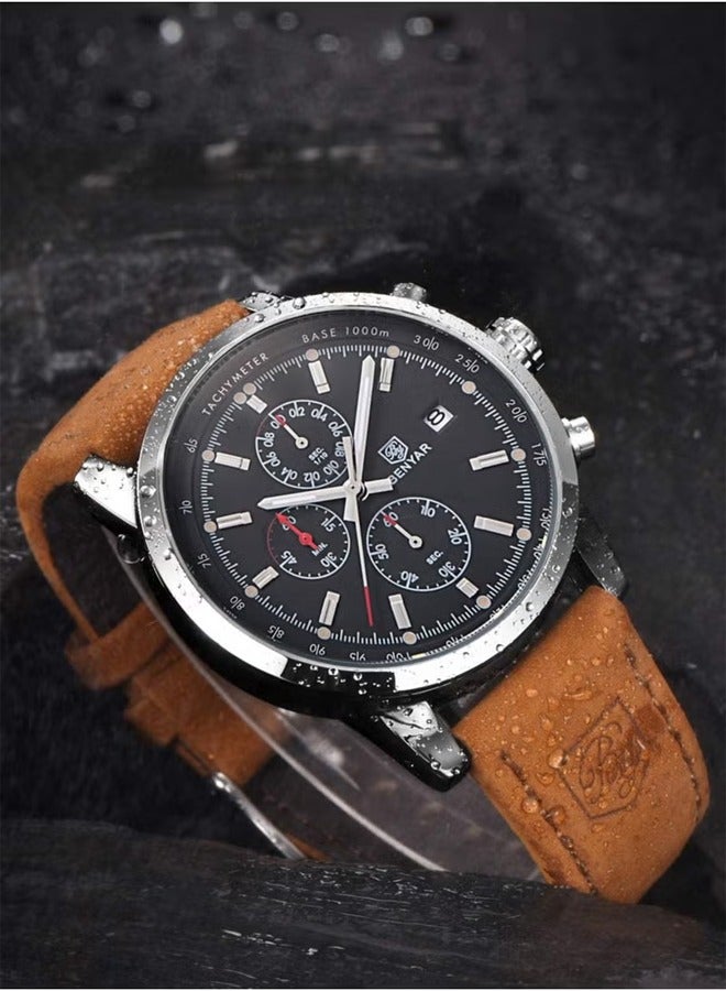 Men's Fashion Watches Sports Chronograph Silver Black Dial Brown Leather Strap Fashionable And Elegant BY5102