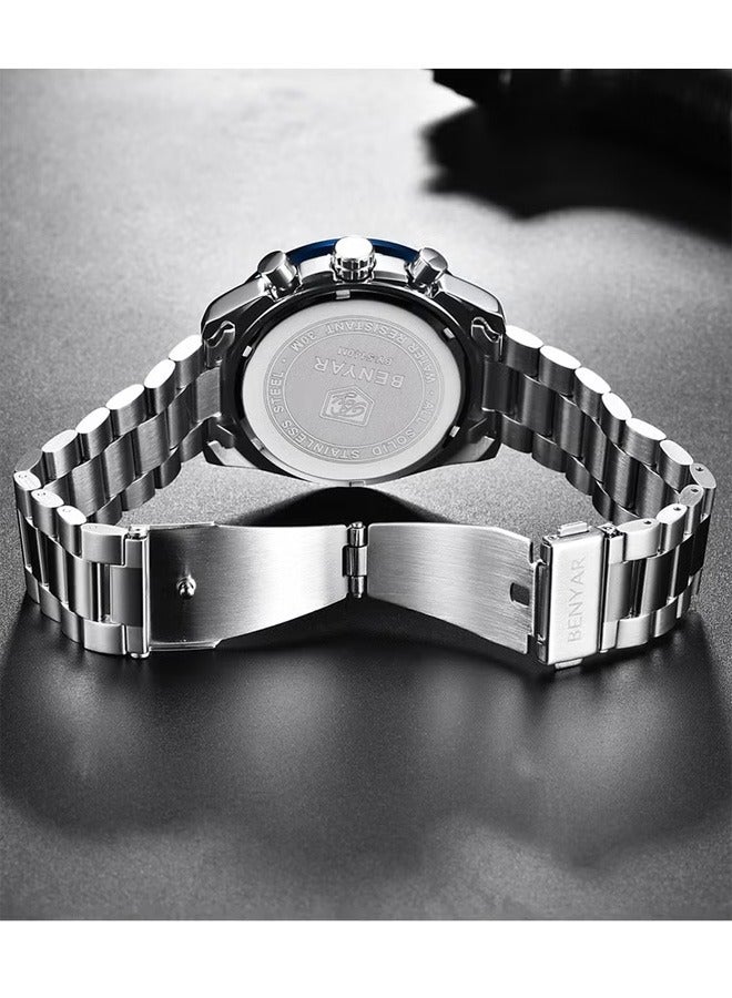 Men's Automatic Quartz Watches 45MM Stainless Steel Case Structure Blue Dial Silver Steel Band BY5140