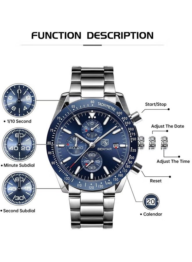 Men's Automatic Quartz Watches 45MM Stainless Steel Case Structure Blue Dial Silver Steel Band BY5140