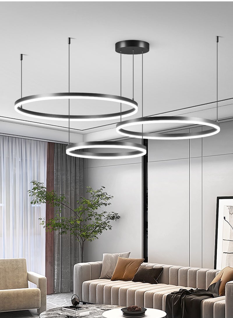 Staggered Design Chandelier Living Room, Remote Control Big Dia 80cm Black Modern Classic LED 3 Ring Chandelier Light,Acrylic Adjustable Color Temperature Chandelier Lamp,102W