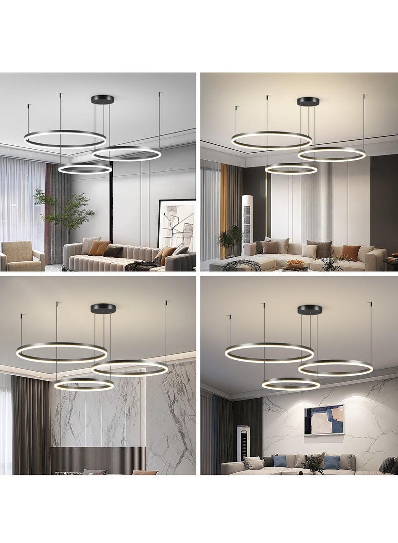 Staggered Design Chandelier Living Room, Remote Control Big Dia 80cm Black Modern Classic LED 3 Ring Chandelier Light,Acrylic Adjustable Color Temperature Chandelier Lamp,102W