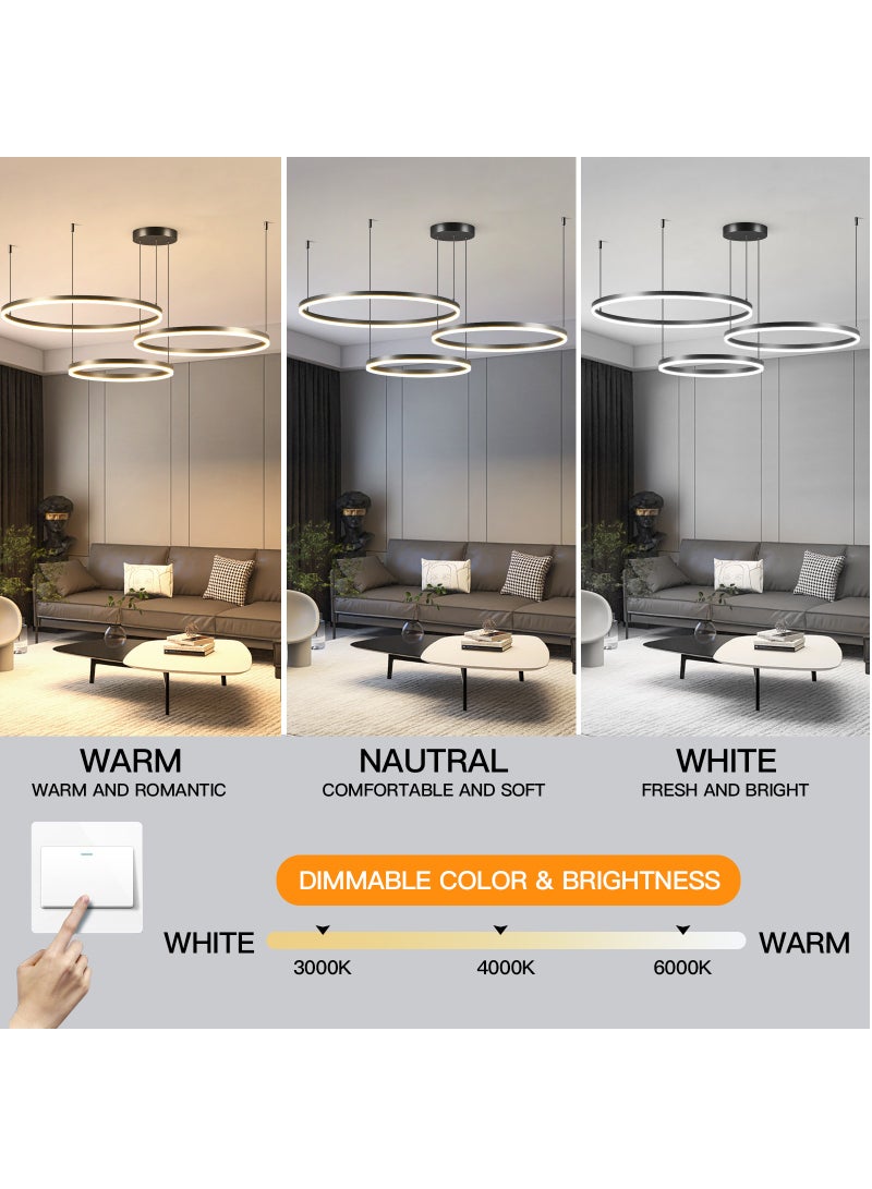 Staggered Design Chandelier Living Room, Remote Control Big Dia 80cm Black Modern Classic LED 3 Ring Chandelier Light,Acrylic Adjustable Color Temperature Chandelier Lamp,102W