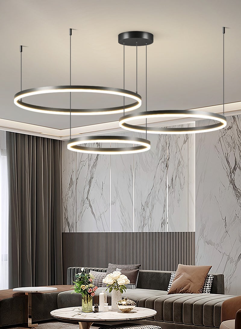 Staggered Design Chandelier Living Room, Remote Control Big Dia 80cm Black Modern Classic LED 3 Ring Chandelier Light,Acrylic Adjustable Color Temperature Chandelier Lamp,102W