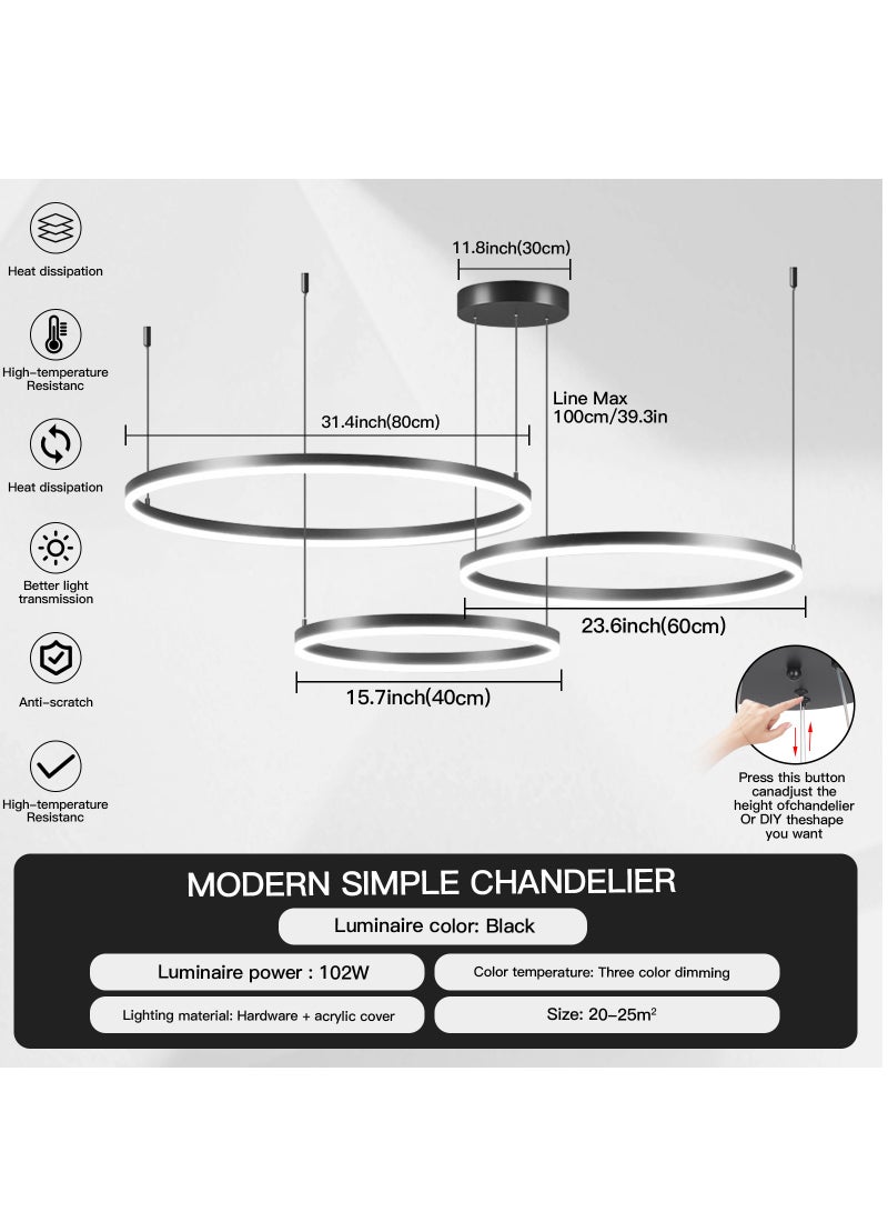 Staggered Design Chandelier Living Room, Remote Control Big Dia 80cm Black Modern Classic LED 3 Ring Chandelier Light,Acrylic Adjustable Color Temperature Chandelier Lamp,102W