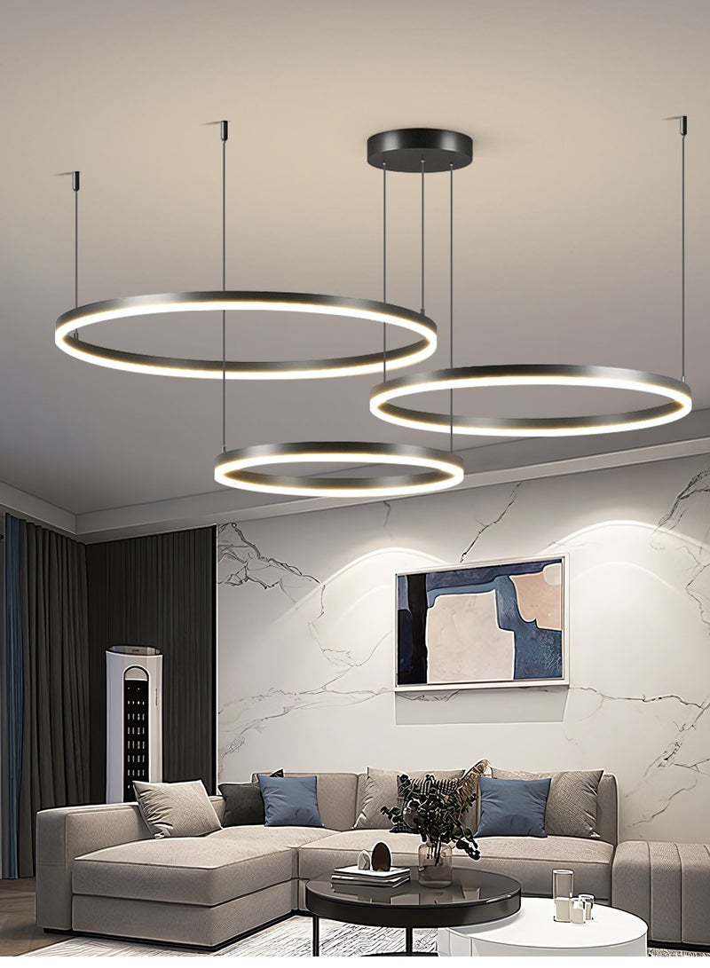 Staggered Design Chandelier Living Room, Remote Control Big Dia 80cm Black Modern Classic LED 3 Ring Chandelier Light,Acrylic Adjustable Color Temperature Chandelier Lamp,102W